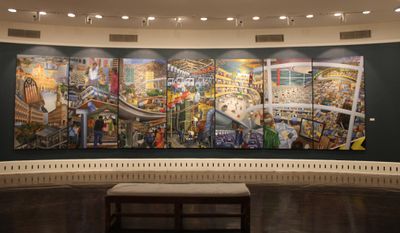 Sudhir Patwardhan, Mumbai’s Proverbs (2014). Exhibition view: Walking Through Soul City, National Gallery of Modern Art, Mumbai (30 November–12 February 2020). Courtesy the artist and The Guild.