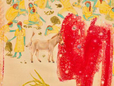 N S Harsha, Donkeys giving birth here and there (2018) (detail). Acrylic and gold foil on canvas. 190 x 150 cm. Courtesy the artist and Chemould Prescott Road.