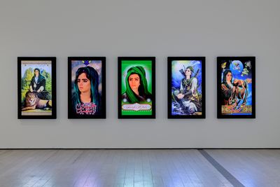 Shoja Azari, Icon #1–5 (2010). Video portraits. Exhibition view: In the Fields of Empty Days: The Intersection of Past and Present in Iranian Art, Los Angeles County Museum of Art (6 May–9 September 2018). Courtesy the artist and Leila Heller Gallery, New York. © Shoja Azari. Photo: © Museum Associates/LACMA.