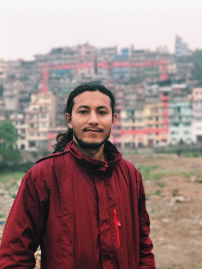 Artist Amrit Karki and his work Rectangle (2017) in Kirtipur, Nepal. Kathmandu Triennale (24 March–9 April 2017).