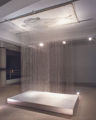Next to Shaoji’s work is Chinese Dream (2006), three floating reproductions modelled after different historical traditional Chinese robes by Wang Jin that have been refashioned industrially from PVC sheets and nylon thread, vastly speeding up a production process that typically involves the painstaking labour of skilled hand embroiders.