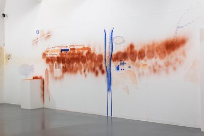 Dale Harding, Wall Composition in Bimbird and Reckitt’s Blue (2018). Exhibition view: Liverpool Biennial 2018: Beautiful world, where are you?, Tate Liverpool (14 July–28 October 2018). Courtesy Liverpool Biennial. Photo: Thierry Bal.