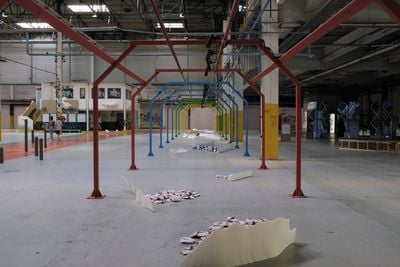 Khalil El Ghrib, paper, lime, and silk threads. Exhibition view: Là où les eaux se mêlent, 15th Lyon Biennale, Fagor Factory, Lyon (18 September 2019–5 January 2020). Photo: Christopher Taylor.