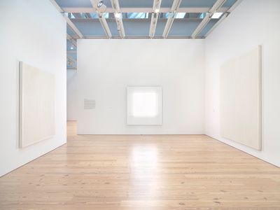 Exhibition view: Mary Corse: A Survey in Light, Whitney Museum of American Art, New York (8 June–25 November 2018). From left to right: Untitled (First White Light Series) (1968); Untitled (White Light Series) (1966); Untitled (White Grid, Vertical Strokes) (1969). © Mary Corse. Photograph by Ron Amstutz.