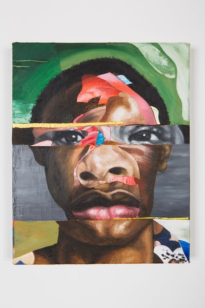 Nathaniel Mary Quinn, The Borrower (2018). Oil paint, paint stick, oil pastel, gouache on linen canvas. 35.6 x 27.9 cm.