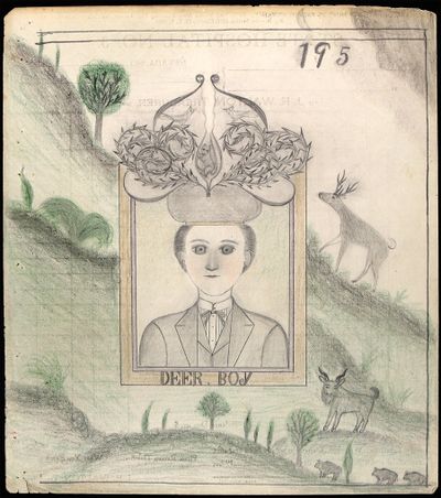 James Edward Deeds, DEER. BOY / Untitled (landscape with bridge and train car) (pages 195, 196) (double-sided), Nevada, Missouri (c. 1936–1969). Pencil and crayon on ledger paper. 23.5 x 21.3 cm. Collection of Frank Tosto. Photo: Adam Reich.