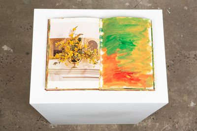 Purvis Young, Flower Arrangement (c. 1990s). Mixed-media, found book. 33 x 24 x 3 cm. Exhibition view: Purvis Young, Salon 94, New York (26 February–23 March 2019). Courtesy Salon 94.