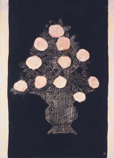 Sanyu, White and Pink Chrysanthemum in a Navy-Black Background (1932–1932). Oil on Canvas. 68 x 98 cm.