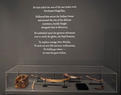 Ahmad Fuad Osman, Enrique de Malacca Memorial Project (2016–ongoing). Single-channel video projection, oil on canvas, fibreglass and resin castings, 16th century Portuguese coins, canon and canon balls, Ming Dynasty ceramics, old Malay daggers and spears, carved whale and marlin bones, rosary beads and paternoster, clothing, archival material and found objects. Dimensions variable. Exhibition view: Singapore Biennale 2016: An Atlas of Mirrors (27 October 2016–26 February 217). Courtesy the artist.