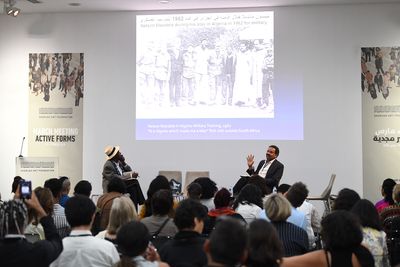 Manthia Diawara in conversation with Salah Hassan at March Meeting 2018: Active Forms, Sharjah (17–19 March 2018).