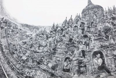 Kumazawa Mikiko, Going to Buddha’s House (2018). Pencil on gesso, mounted on panel. 130.3 x 194 cm. © Kumazawa Mikiko, courtesy the artist and Mizuma Gallery.