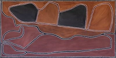Rover (Juluma) Thomas, Frog Hollow Country (1988). Natural bush pigments and bush gum on canvas, 90 x 180 cm.