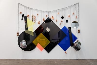 Mikala Dwyer, Wall Necklace (2018). Perspex, acrylic, steel, rope, bronze, ceramic, wood. 220 x 240 cm. Roslyn Oxley9 Gallery, Sydney Contemporary (13–16 September 2018).