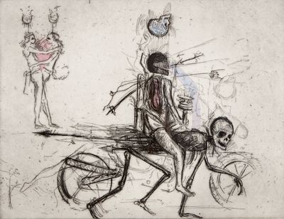 Shaun Gladwell, Allegorical Study/Riding with Death (2007). Hand-coloured etching on arches paper. Courtesy the artist and Anna Schwartz Gallery, Melbourne. © the artist. Photo: Zan Wimberley.