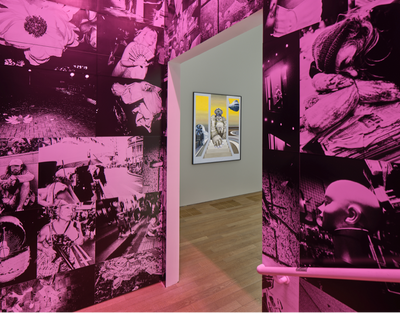 Centre: Bettina von Arnim, Verkehrswesen (1971). Oil on canvas. 150 x 130 cm; Outside: Chan Wai Kwong, Untitled 2013–2019 (2013–2019). Installation, inkjet prints. Exhibition view: Phantom Plane, Cyberpunk in the Year of the Future, Tai Kwun Contemporary, Hong Kong (5 October 2019–4 January 2020). Courtesy the artists and Tai Kwun Contemporary.