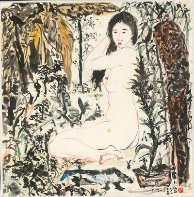Yu Peng, Waking Up in the Morning (1990). Ink and colour on paper. 70.4 x 68.6 cm. Courtesy Liang Gallery.