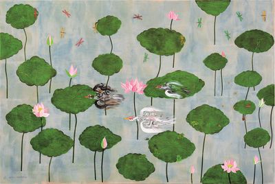 Hsia Yan, The Dashing Muscovy Ducks, Rushing through the Lotus Pond (2014). Acrylic and collage on canvas. 245 x 366 cm. Courtesy Lin & Lin Gallery.