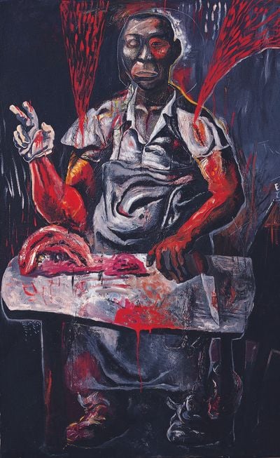 张恩利，《二斤牛肉》，1993。布上油画，160×100cm。图片提供：艺术家工作室和香格纳画廊。