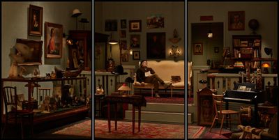 Rodney Graham, Antiquarian Sleeping in his Shop (2017). Lightbox triptych.
