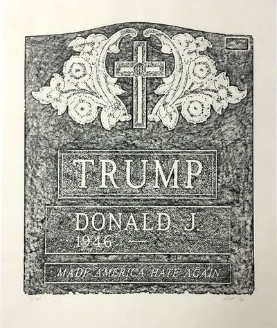 Brian Andrew Whitely and James Stroud, Trump Tombstone (2016). Coloured wax on paper.