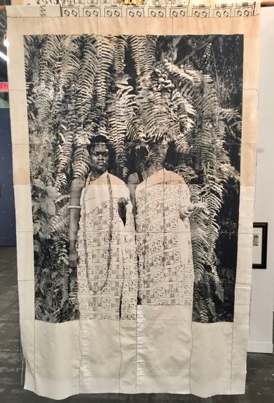Zohra Opoku, Debie (2017). Screenprint on canvas & cotton, black tea dye, thread, acrylic. 90 x 55 in. Exhibition view: The Armory Show, New York (2—5 March 2017).