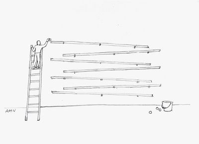 A simple drawing by Ahn Kyuchul features a figure climbing to the top of the ladder. They drop a ball into a ramp, which is above another series of ramps upon which the ball will travel.