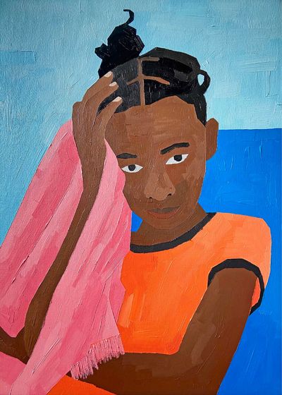Soimadou Ibrahim, An unexpected friend (2021). Acrylic on canvas. 70 x 50 cm.