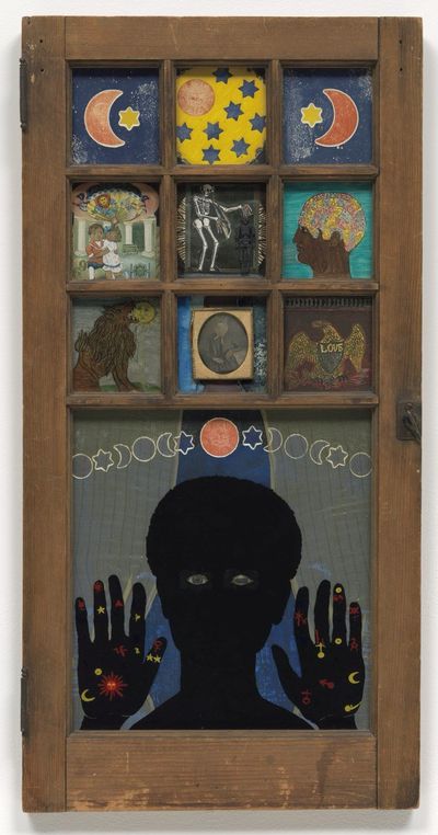 Black girl in wooden window frame hands pressed against the glass