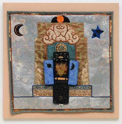Mixed media collage on fabric, altar, astrological symbols, brain