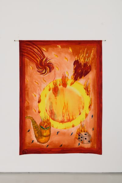 Dye on silk showing sun, saxophone, and dice on fire 