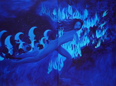 A painting varying in shades from deep to light blue shows a naked female figure running into flames, being chased by small creatures with pointed caps.