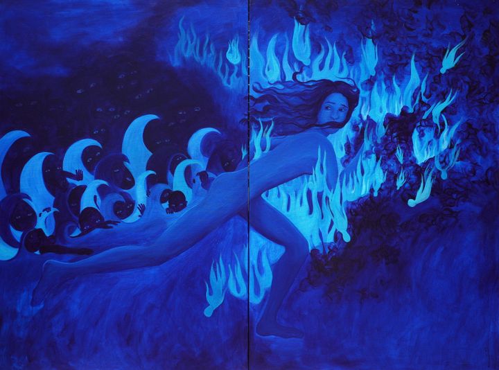 A painting varying in shades from deep to light blue shows a naked female figure running into flames, being chased by small creatures with pointed class=
