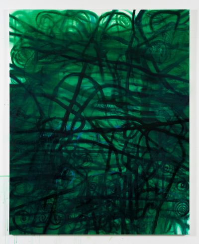 Black swirling and squiggling lines are overlaid on an emerald green background.