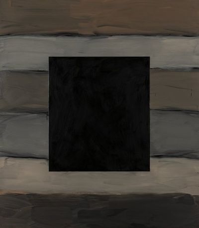 Layers of beige and brown paint are rendered in thick stripes across the canvas, with a black square painted in the centre of the canvas, on top of the stripes.