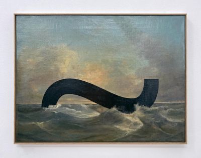 A framed painting of a choppy ocean features a black, curling line on its surface.