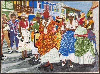 Gomo George, Women's Carnival Group (1996). Opaque watercolour on paper. Sheet: 55.8 × 75.6 cm.