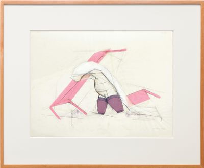 An anthropomorphic figure in pink and white bends forward, their body framed by lines and positioned between two tables.