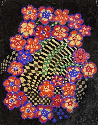 A geometric, multi-coloured pattern swirls on black background, with its central forms surrounded by a ring of flowers.