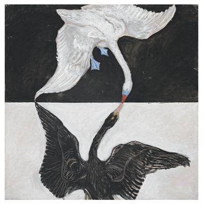 希尔玛·阿芙·克林特，《组画九/SUW，鸽子，No.14》，1915。布面油画，154×128.5cm。图片提供：Hilma af Klint Foundation。摄影：斯德哥尔摩现代美术馆。