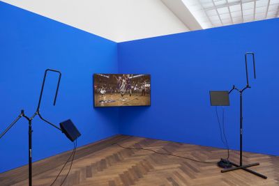 Sondra Perry, IT'S IN THE GAME '18 or Mirror Gag for Projection and Three Universal Shot Trainers with Nasal Cavity, Pelvis, and Orbit (2018). Exhibition view: Information (Today), Kunsthalle Basel, Basel (25 June–10 October 2021).
