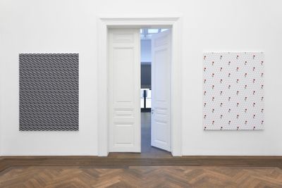 Left to right: Blick auf Tobias Kaspar, All-over logo (black) (2020) (links) und Logotype (red rose) (2020). Exhibition view: Information (Today), Kunsthalle Basel, Basel (25 June–10 October 2021).