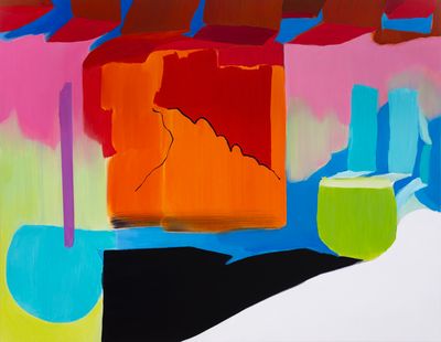 Artist Hejum Bä uses bright coloured palette of paint blobs showing an orange square-like shape with pink yellow background, blue and green blobs on either side of canvas and a black shape in the middle 