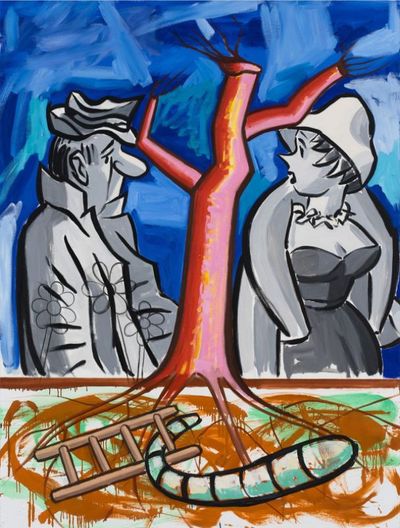 David Salle paints a red tree post standing in-between a man & woman painted in grey, with a brown ladder and worm at the bottom of the tree roots against a backdrop of blue painted patches