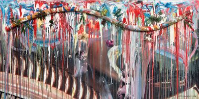 Colourful paint pours with a pipe near the top on landscape canvas painting by artist Kim Kulim 