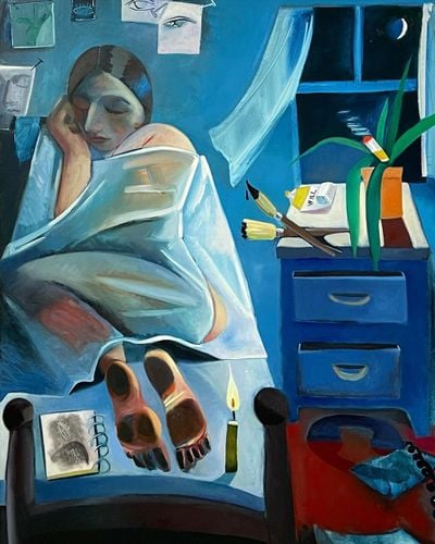 Danielle Orchard depicts a dim blue-hued painting of an oversized girl sleeping in her bedroom with a candle at her feet, paint brushes and a pot plant on top of her bedside drawer, with a window blowing open the curtains
