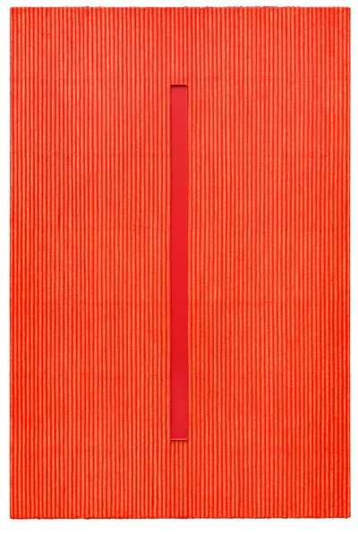 Park Seo-Bo's monochrome orange-hued painting with vertical strips of colour and one dark orange strip in the middle of the portrait canvas