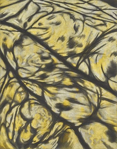 Painting of yellow and black paint swirling across the canvas like shadows of tree branches on the pathway