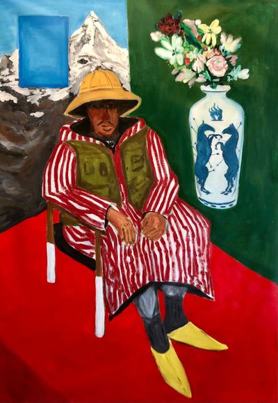 Acrylic on canvas panting of a person sitting on a chair wearing a safari hat, entitled Safi Safari by artist Anuar Khalifi