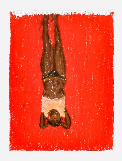 An oil on pastel figurative drawing of a Black body against a bright red background by artist Martine Syms, entitled Eventually, Finally (2021)