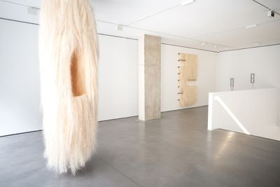 Artist Kapwani Kiwanga's fluffy cream-coloured furry sculpture hangs from the ceiling, while on the background another cream-coloured furry sculpture hangs against a white wall